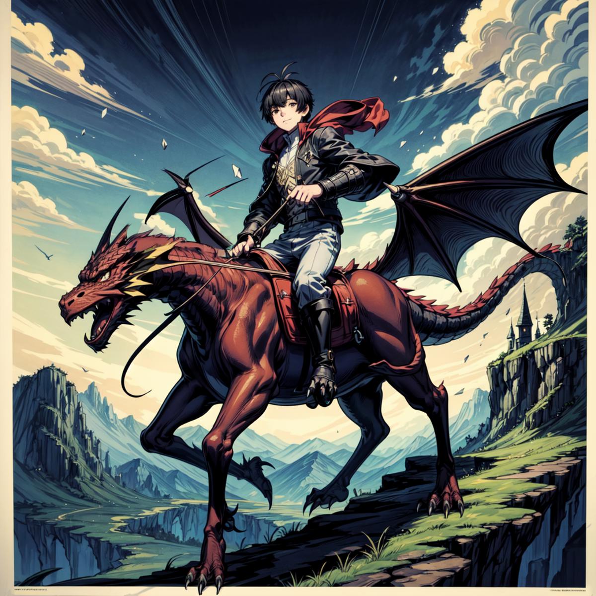 A person riding a dragon in a dark setting with clouds in the background.