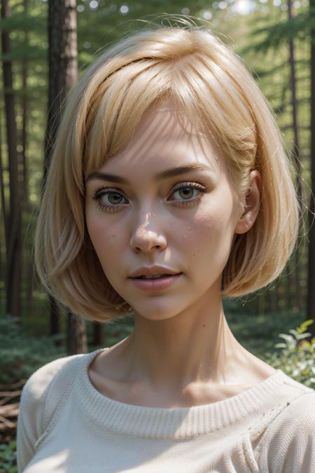 a close portrait of  b3linda_n0texist, in a summer forest,  high necked sweater, [headshot], [centre frame], looking at the camera, facing the camera, dynamic lighting, photorealistic, high detail, detailed, masterpiece, 8k, highres, flawless, colour, professional