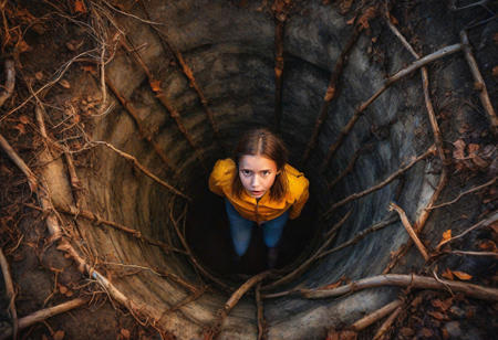 Create an image of a girl trapped in an abandoned vertical tube well, aerial view, dry land, dry trees, light rain, a landscape, dark clouds, her fear, confusion, sunset, dim overhead light, hyper realistic nature.