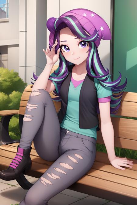 mlpglimmer colored skin streaked hair purple eyes hat torn clothes shirt short sleeves vest pants
