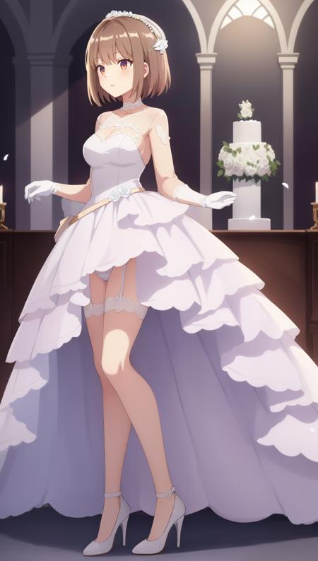 ((((ultra illustrated style:1.0)))),best quality,best animated,masterpiece,ray tracing, global illumination,Sarasa fido,1girl, solo, standing,full body, (wedding dress:1.2), (presenting panties:1.2), white legwear,white lace panties,white garter straps,(white high heels:1.37),white rose,<lora:Sarasa fido_03:0.45>