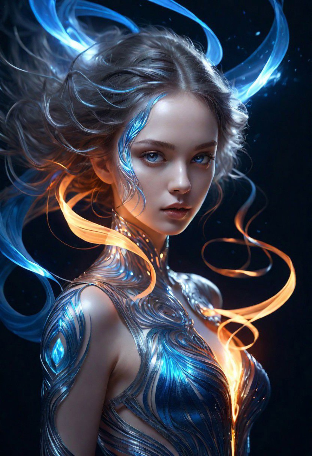 3D Illustration. Surreal, realistic, silver monochrome female, flying, weaving light and blue fire, plumage, fiery glow fr...
