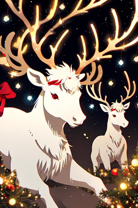 reindeer, <lora:reindeer_papercut:0.5>, raging, shiny, rndr, glowing, ramping, christmas lights, red ominous eyes