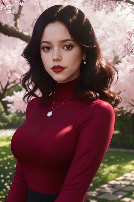 photo of extremely sexy  Jen_na a woman as a sexy student, (curly hair), sexy waist, (tight red long sleeve turtleneck top), (long trousers), necklace, in a lush garden, cherry trees, (masterpiece:1.5) (photorealistic:1.1) (bokeh) (best quality) (detailed skin texture pores hairs:1.1) (intricate) (8k) (HDR) (wallpaper) (cinematic lighting) (sharp focus), (red lips), seductive pose, ((closeup portrait:1.2))<lora:JennaOrtega:0.8>