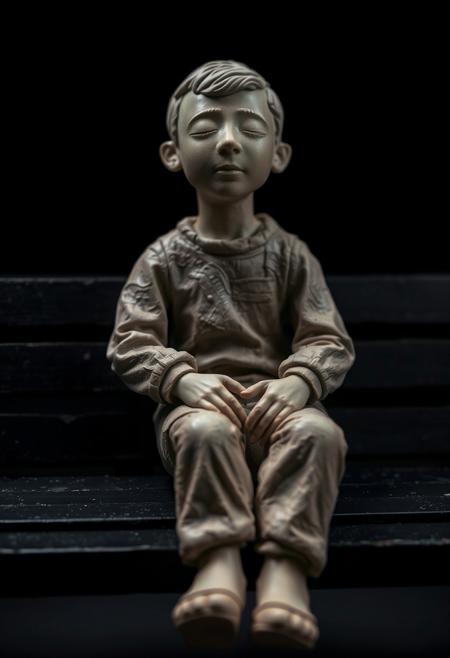 Extreme macro close-up of a clay sculpture: seated figure on a black bench, eyes closed, hands in lap, textured clothing, neutral color palette, intense dramatic lighting, high contrast, small subject detail.