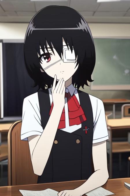 another anime lineart, misaki mei, eyepatch left eye, white medical eyepatch left eye, red right eye, chin-lenght hair, long bangs, school uniform, shirt with collar, vest, red bowtie, pleated blue thigh-leght skirt, high black socks, brown shoes, siting on chair, inside classroom, looking at viewer, expressionless