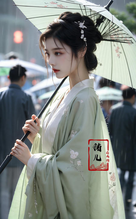 A woman holds a oil-paper umbrella on her shoulder to shelter from the rain as part of a fashion event in the style of Yue Xiaofei, light jade, ethereal dream, Tang Youhong, elegant, detailed design, dansaekhwa
Joil-paper umbrellachinese clothesholding umbrellarain
<lora:~Q?-ON-Noil paper umbrella:0.9>