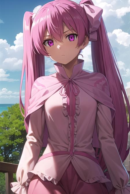 agkmine, <lora:agk mine s1-lora-nochekaiser:1>,
mine, long hair, twintails, pink hair, (pink eyes:1.3),
BREAK dress, pantyhose, pink dress, capelet, pink capelet, pink skirt, skirt, long sleeves,
BREAK outdoors, nature, forest, trees, grass, sky, clouds,
BREAK looking at viewer, (cowboy shot:1.5),
BREAK <lyco:GoodHands-beta2:1>, (masterpiece:1.2), best quality, high resolution, unity 8k wallpaper, (illustration:0.8), (beautiful detailed eyes:1.6), extremely detailed face, perfect lighting, extremely detailed CG, (perfect hands, perfect anatomy),