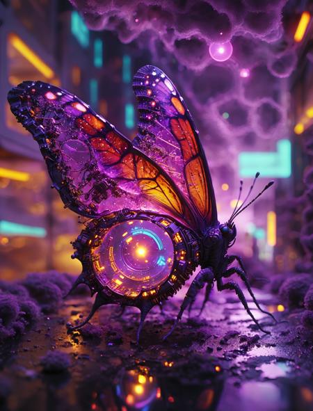 Larvascope, Giant Butterfly Larva Strolling Through a Microscopic City: A colossal velvet-textured butterfly larva gracefully meanders through a miniature city. The urban landscape is crafted from intricate electronic components and gears, glimmering with neon lights. Each step of the larva triggers minuscule earthquakes, reverberating through capacitor skyscrapers. The background features a nebula composed of DNA helices, hinting at the origins of life. The entire scene is shrouded in a psychedelic purple haze, creating a dreamlike and absurd atmosphere. 2010s vintage RAW photo effect, highly detailed, shallow depth of field, cinematic lens, imperfections in natural lighting, color graded.