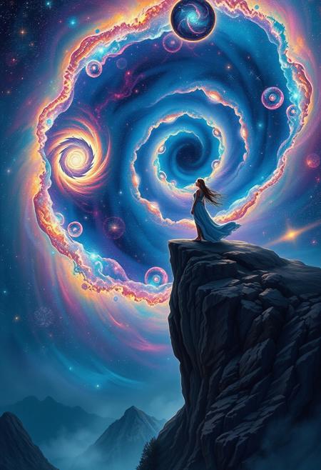 woman on cliff, galaxy sky, spiral galaxy, colorful nebula, cosmic wonder, surreal landscape, fantasy night sky, glowing stars, ethereal atmosphere, stargazing, otherworldly rocks, luminous space, introspective moment, dreamlike scenery, vast universe, fantasy realism, intricate details, vibrant colors, mystical themes, dynamic compositions, powerful characters, expressive poses, mythological influences, ethereal glow, symbolic elements, nature motifs, storytelling focus, textured brushwork, dramatic lighting, captivating atmosphere