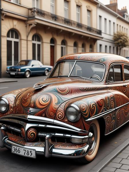 A classic vintage car with a glossy finish and detailed ais-spirals designs, parked on a quiet street <lora:Colorful_Spirals_SDXL:1>.