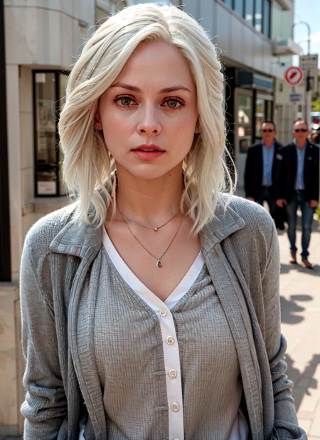 (photorealistic:1.4), raw photo, real life, <lora:liv_moore_offset:1> liv moore, 1girl, solo, blonde hair, white hair, jewelry, jacket, necklace, parted lips, blurry, realistic, upper body, blurry background, shirt, looking at viewer, open jacket, meme, open clothes, grey shirt, long hair, lips, small breasts