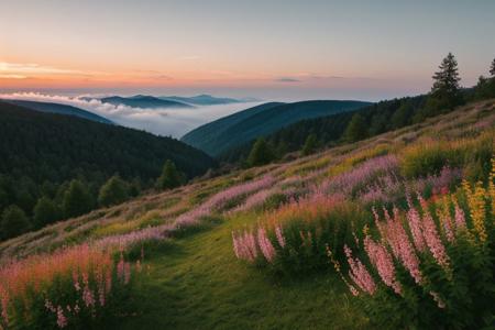 raw photo, a sunset landscape, Carpathian mountains valley temperate forests, Poland forest,  cozy, photorealistic, high detailed texture, 8k uhd, dslr, soft lighting, high quality, film grain, Fujifilm XT3, Sony A7 IV, highly detailed photography, (muted colors, cinematic, dim colors, soothing tones:1.2), vibrant, insanely detailed, hyperdetailed, (dark shot:1.2), (vsco:0.3), (intricate details:0.9), (hdr, hyperdetailed:1.2) (highest coherency: 1.39) (highest quality: 1.39) (rule of Thirds) (award winning) (breathtaking) (masterclass) (vibrant color: 0.79) (foggy: 1.09) (distant hillside) (spring flowers)