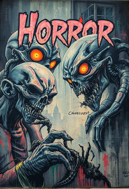 A retro horror comic book cover reimagined as a street art mural, its classic inked monsters layered with neon textures, glitch effects, and abstract graffiti symbols.
symbolist painting, romantic impressionism, soft muted pastels, luminous figures, ethereal atmosphere, poetic allegory, delicate brushwork, timeless beauty, dreamlike composition, classical elegance, fresco-like textures, harmonious balance, expressive portraits, vast serene landscapes, soft diffused lighting