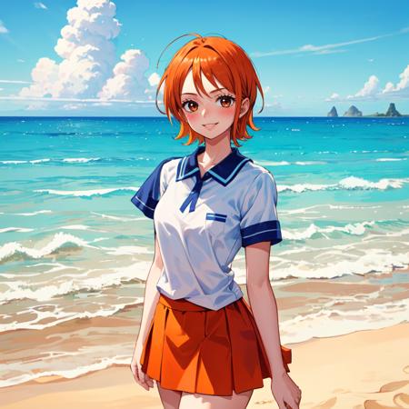 masterpiece, best quality, <lora:OnePieceCharacters:1>, nampre1, 1girl, solo, brown eyes, orange hair, blush, smirk, short hair, blue shirt, white shirt, short sleeves, orange skirt, outdoors, beach, scenery, looking at viewer