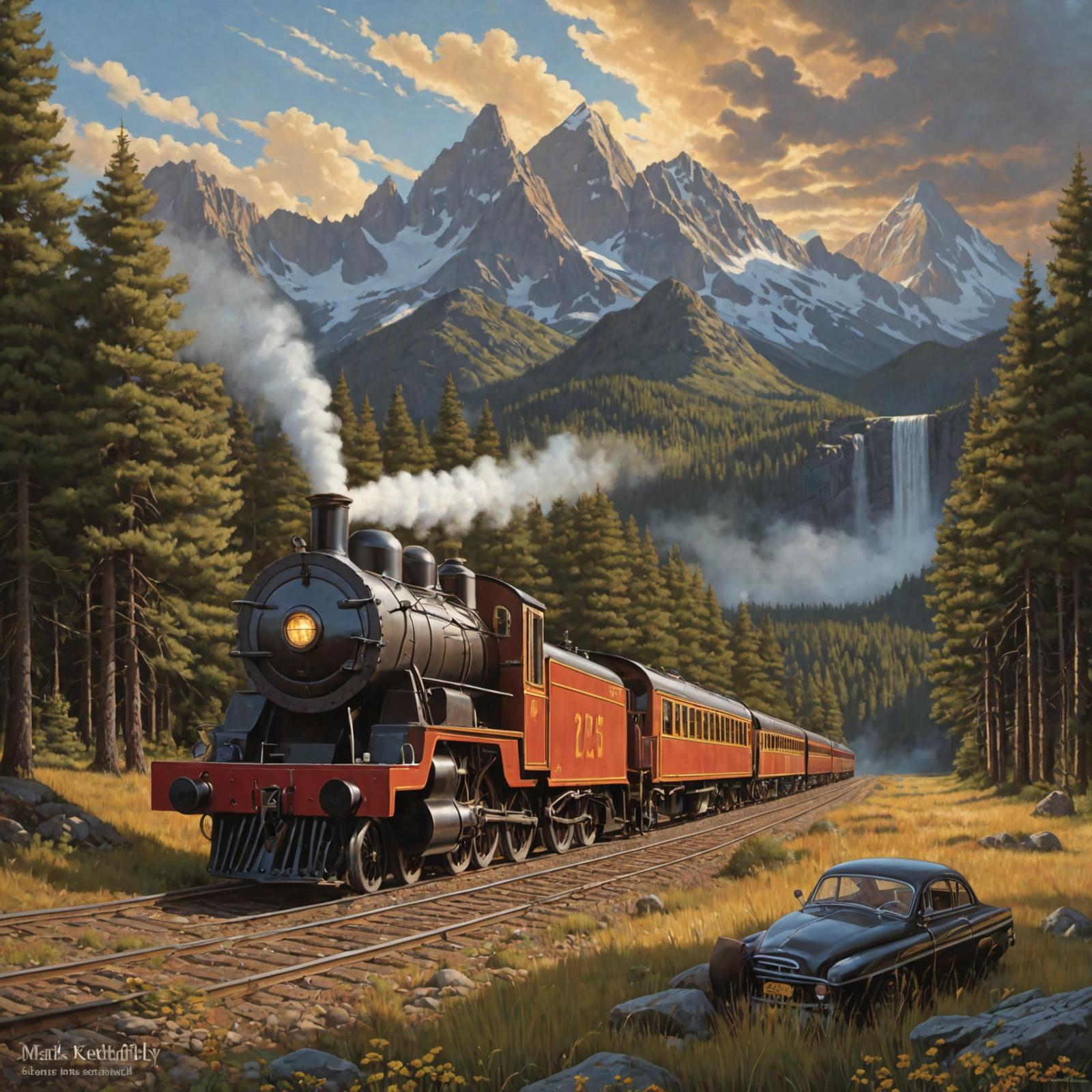 A Red Train on the Tracks in a Mountainous Setting