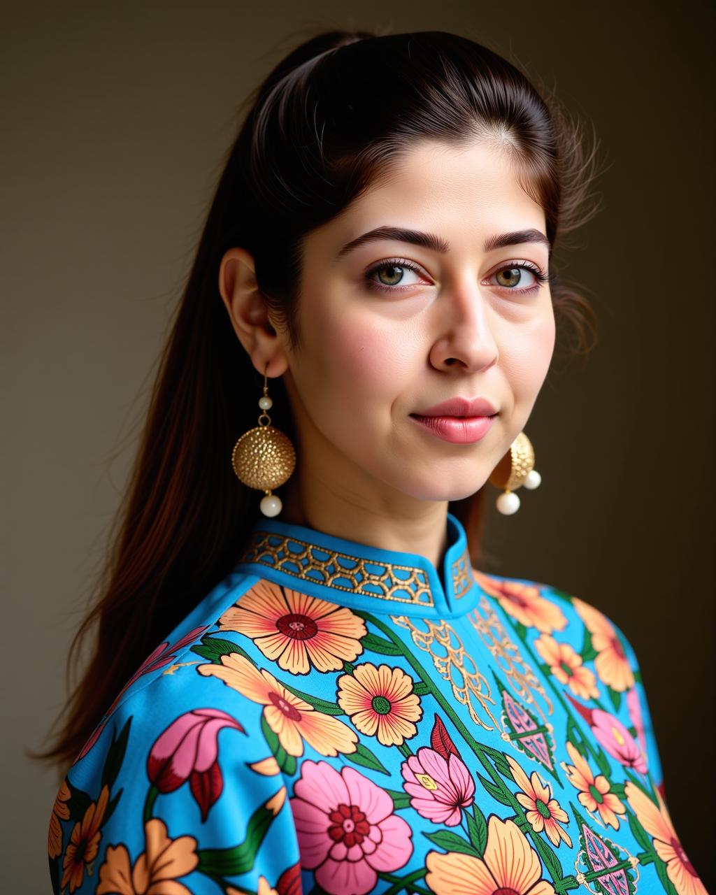 headshot photo of sonarika bhadoria woman,paparazzi photo, serious face,studio quality, wearing intricate high neck elegant Blue  Kalamkari Dress (hand-painted fabric), high ponytail, darker pastel shaded multicolored background<lora:TestBed\Sonarika_Bhadoria_Flux_Kohya_V1-000002.safetensors:1.0:1.0>