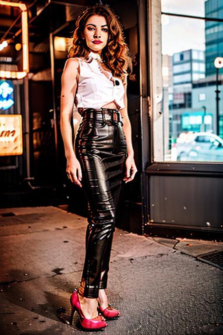 (masterpiece, best quality), 1 beautiful woman, cute Irish woman, 50 years old, curly ginger hair, long hair, slutty, solo, milf body, wearing mascara, wearing eyeliner, wearing eye shadow, wearing lip gloss, glossy lips, tall, (chubby:0.5), specular highlights, <lora:lpskirtV1:0.5>, latex_lpskirt, high_waist_lpskirt, (hobble_lpskirt, longest_lpskirt, long_lpskirt:1.7), (long black latex lp_skirt:1), a woman wearing a long black latex pencil skirt, belt, black latex choker, sleeveless, white shirt tied under tits, beautiful, , (underboob, exposed midriff, ultra short cropped shirt:1), at night, tokyo street,  neon lights, neon signs, (ultra high platform heels, high heels fetish, shoes fetish, fetish shoes, thick platforms under shoes:1.1), (bimbo)