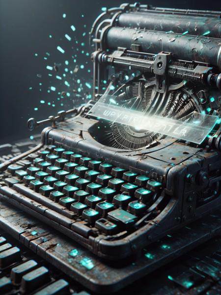 ais-olde typewriter keys clacking away on a holographic computer screen, sparks flying from the worn metal keys <lora:Old_Style_SDXL:1>