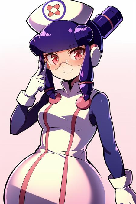 Meddy.Exe,  Netnavi_MM,  purple hair,  nurse cap,  visor,  pink-tinted eyewear,  red eyes,  sidelock,  purple bodysuit,  high collar,  sleeveless dress,  (dress over bodysuit),  short dress,  white dress,  white gloves,  white boots, <lora:EMS-10484-EMS:0.800000>, , <lora:EMS-53386-EMS:0.800000>