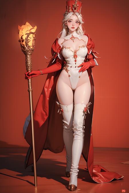 ruanyi0315,holding staff,red dress,red gloves,scepter,white leotard,high heel boots,tiara,