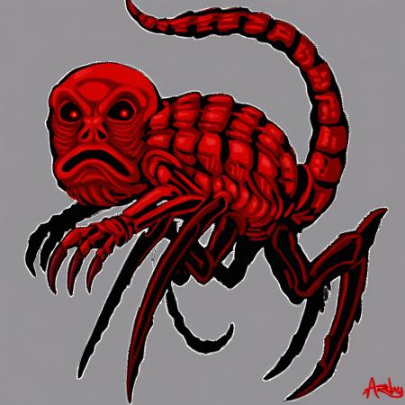 grotesque skeletal creature, 4 insectoid legs, glowing eyes, glowing red, 3-clawed hands, white background, kaiju, simple background, solo, sharp claws, no humans, 2 arms, hollow black eyes, eerie humanoid face, red chitinous exoskeleton, claws, transparent background, tail, red theme, signature, wrinkled skull, 1boy, monster