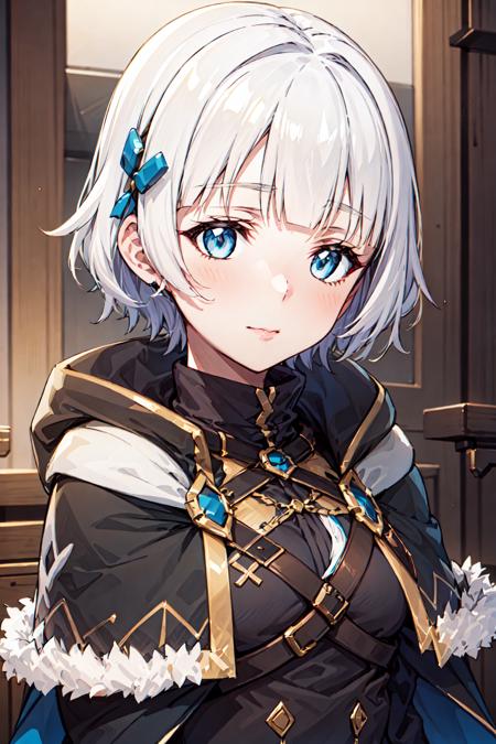 meteora osterreich,1girl, blue eyes, short hair, fur trim, hood, jewelry,capelet,white hair