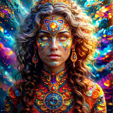 A digital portrait stylized by Adriaen van Utrecht, depicting a fierce-looking woman with long, curly hair and glowing gray eyes. Her body is intricately adorned with patterns and symbols that narrate the story of her life, creating a captivating visual tapestry. The artwork features deep focus, with realistic, highly detailed textures and a sumptuous composition that blends psychedelic chaos with exquisite color. Rich, vivid hues breathe life into the scene, enhancing its atmospheric and magical quality. The composition is precise and sharp, with high resolution and fine details, rendered in 4K and 8K quality for an immersive, artistic experience