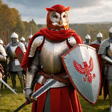 best quality, masterpiece, ultra highres, photorealistic, medieval knight holding sword, holding shield, red owl sigil, fighting stance, in front of an army,
