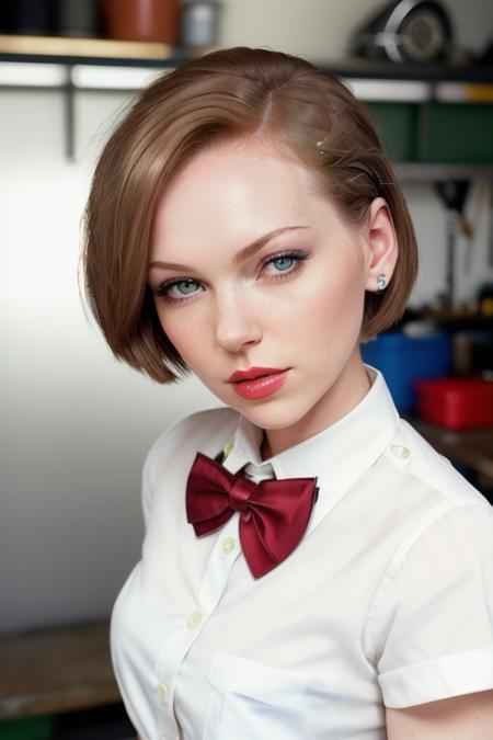 photo of a woman, laurap,((short hair, twin tails):1.1) ((bowtie, white shirt, shorts):1.2), ((closeup, portrait)),((garage, tools, workbench):1.2),((red lipstick, eyeliner, eye shadow, blush)), ((best quality, masterpiece, extreme details, high resolution):1.2),((detailed eyes, beautiful eyes, detailed face, beautiful face):1.2)