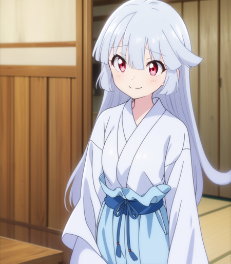 1girl, solo, long hair, looking at viewer, smile, bangs, hime cut, red eyes, long sleeves, hair between eyes, closed mouth, standing, full body, grey hair, boots, japanese clothes, wide sleeves, kimono, sash, brown footwear, obi, white kimono