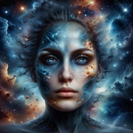 Ultra realistic color pencil drawn portrait of  
the face a cosmic goddess against a background  of nebulae and galaxies. ral-dissolve.
BREAK
Deep dark intense midnight blue misty  background,
Dark theme, dynamic lighting, (soft shadows), (soft focus),  (photo realistic), uhd, 8k