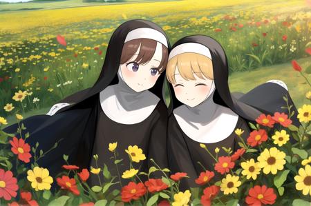 littlenuns, multiple girls, cute, flower meadow, happy, nun, <lora:littlenuns-000020:0.5>, masterpiece, best quality