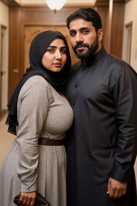 high quality, 2characters, 2peoples, straight couple, couple, Afghan, traditional clothes, happiness, brown eyes, 1male, DILF, rough looking, manly face, strong facial features, full beard, thick hair, hairy chest, hairy body, 1female, huge tits, big boobs, curvy body, big Cleavage, wide hips, thick hips, hijab