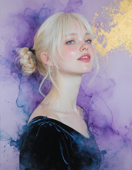 Oil painting rendered in ethereal pastels, hyper-close Dutch tilt framing: a cherubic blonde woman leans forward, messy pigtails cascading over blunt bangs, stray golden strands backlit like filaments. Thick pink lips part in a blushing smirk, cyan-blue eyes locking the viewer under brows veiled by hair. Matte black velvet dress dissolves into swirling indigo ink blooms, pooling at her collarbone. Palette: crushed lavender blush, powdered sugar highlights, inky voids. Makoto Fujimura-inspired nihonga marbling meets Klimt-esque gilt textures. Diffused studio light fractures through airborne ink droplets—innocence laced with liquid chaos.