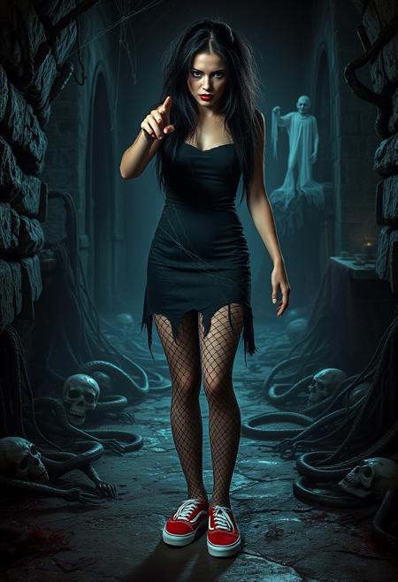 Real Life, realistic, extremely detailed digital_photography, realistic_lighting, 
a spooky dungeon, skeletons and corpses, snakes, ghosts in the background
a female werewolf, standing in a sexy spooky pose, one hand pointing at the camera in a menacing way
bright red lipstick, long black messy hair, 
old torn black dress covered in spiderwebs, torn fishnet stockings, (((red-canvas-Vans-Authentic-sneakers))),
full body visible, sneakers visible, perfect anatomy, perfect legs