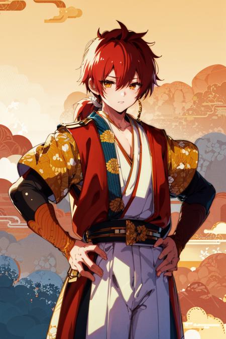 Shizumaru Hisame Shizumaru Hisame,1boy,solo,red hair,male focus,red japanese clothes,arms behind back, Shizumaru Hisame,1boy,solo,red hair,short ponytail,male focus,red japanese clothes,hands on hips,upper_body,