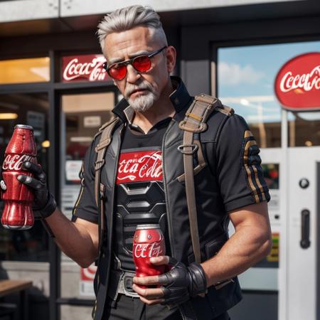 1boy,old man,<lora:Ballistic-000010:0.6>,white facial hair,red len sunglasses,(fingerless gloves:1.1),(kfc:1.1),fried chicken,(coca-cola:1.2),