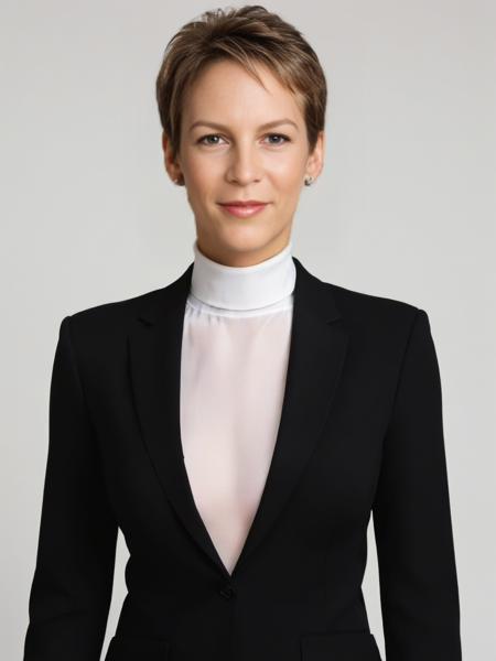 UHD, 4k,a young girl supermodel Laurie_Strode, age 20,<lora:Laurie_Strode:0.7> wearing turtle neck shirt, tie, posing modeling, portrait headshot, black pant suit for girl, perfect skin, young  Laurie Strode , conservative formal attire, (masterpiece:1.2), (best quality:1.2), ultra high res, beautiful, (intricate details), flirty, happy, slutty, unity 8k wallpaper, ultra detailed, aesthetic, perfect lighting, studio lighting, rim lighting, hair lights, alluring lighting, professional photograph,  alluring teen award-winning photo by trading places ,close-up of jamie lee curtis,