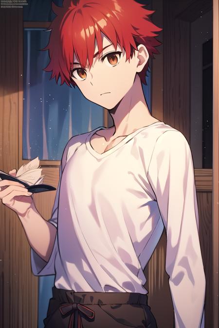 shirouemiya, <lyco:shirouemiya-LYCORIStest:1>, 
shirou emiya, 1boy, (red hair:1.5), spiked hair, (brown eyes:1.5), mature male,
BREAK blue pants, collarbone, pants, shirt, long sleeves, white shirt, raglan sleeves,
BREAK looking at viewer,
BREAK indoors, classroom,
BREAK <lora:GoodHands-vanilla:1>, (masterpiece:1.2), best quality, high resolution, unity 8k wallpaper, (illustration:0.8), (beautiful detailed eyes:1.6), extremely detailed face, perfect lighting, extremely detailed CG, (perfect hands, perfect anatomy),