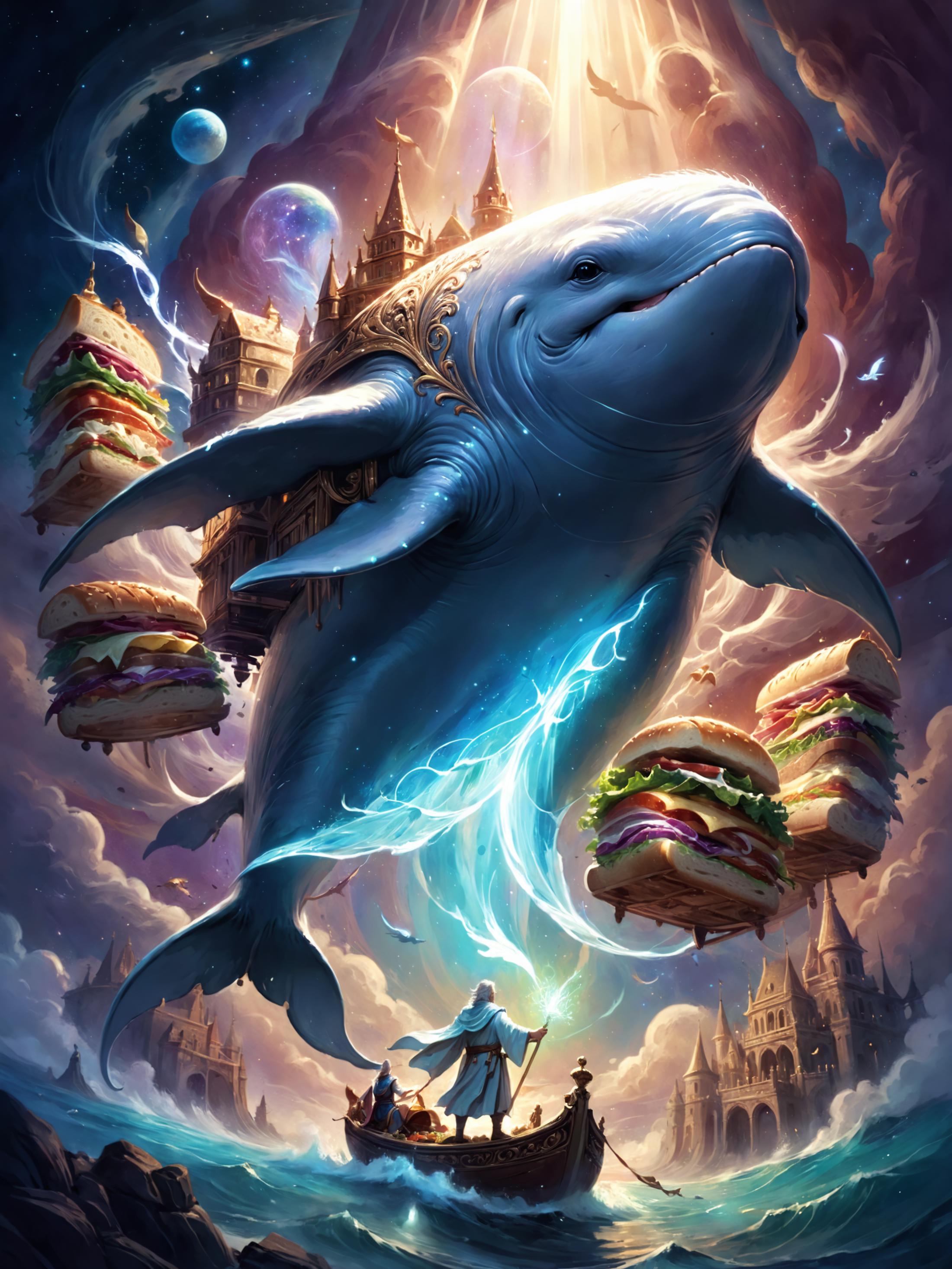 A whimsical painting of a man holding a staff in front of a blue whale with sandwiches on its back.