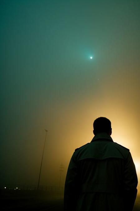 security footage frame,  fog, night, volumetric, industrial buildings, landed UFO, closeup of man in trenchcoat