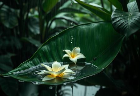 Cinematic photography, rainwater pooling in hollow of tropical leaf resembling body curve, droplets sliding down like sweat, oversized gardenia floating in water, setting: steamy greenhouse at downpour, mood: primal release, lighting: raindrop-refracted jungle light, color theme: emerald and creamy white, camera: ARRI Alexa Mini