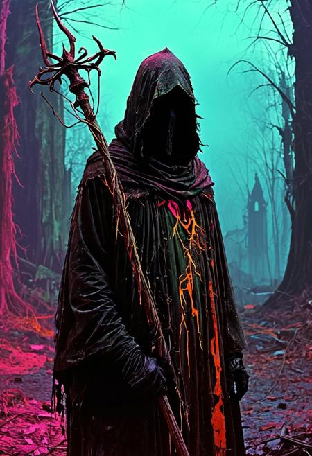 mysterious cloaked figure, face hidden beneath a deep hood, carrying a gnarled staff
silhouette ,
in the style of the decaying empire of Wrstreich, dark magic and grotesque creatures abound, inspired by Sean Aaberg's punk aesthetic, dark fantasy world combines grim landscapes with vibrant, exaggerated neon colorful art, old 80's VHS dark fantasy, VHS screen grab, grainy, old footage