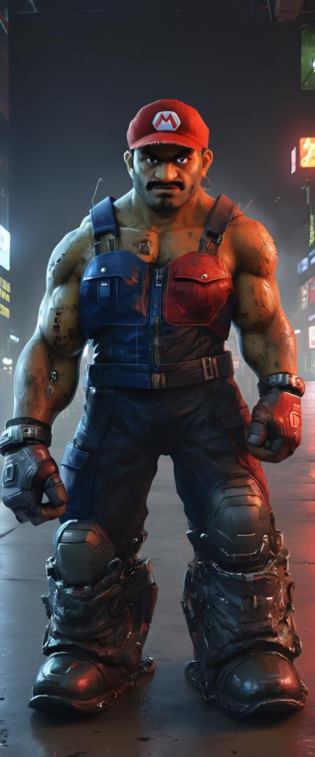 (cyberpunk style), ((photo portrait of super mario in real life with red mario hat)), ((real mario)), (red mario hat), 1man, (super mario), full body shot, cyberpunk clothing, male focus, cyberpunk, cyberpunk background, (extremely detailed cyberpunk background), extremely detailed background, extremely detailed super mario face, cyberpunk body modification, cyberpunk 2077 body modification, (neon city background), cyberpunk suit, robot, science fiction, solo, full body, wires and cables, sharp focus, natural lighting, cyberpunk reimagined, neon lights, action pose, colorful, bright colors, science fiction, a dystopian cyberpunk city, neon, cyberpunk 2077, (cyberpunk 2077 cityscape), art by Masamune Shirow,masterpiece, best quality, official art, extremely detailed CG unity 8k wallpaper, detailed background, best quality, expressive eyes, perfect face, perfect eyes, perfect anatomy, extremely detailed eyes and face, looking at viewer, detailed background, detailed clothes, cinematic lighting, beautiful 8k, masterpiece, best quality, high quality, hdr, photography by cosmicwonder, high definition, symmetrical face, volumetric lighting, 24mm, 4k, DSLR, high quality, ultra realistic,