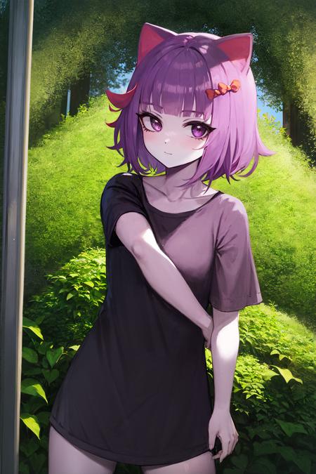 masterpiece, highest quality, cowboy shot, best quality, 1girl, solo, looking at viewer,  outside, (in the bushes:1.3),
masunya, cat ears, (purple skin color:1.1), (red hair bow:1.1), highly detailed,    <lora:Masunya__masyunya_civitai_train:1>  <lora:my_LoRA_masunya_v3:0.3>