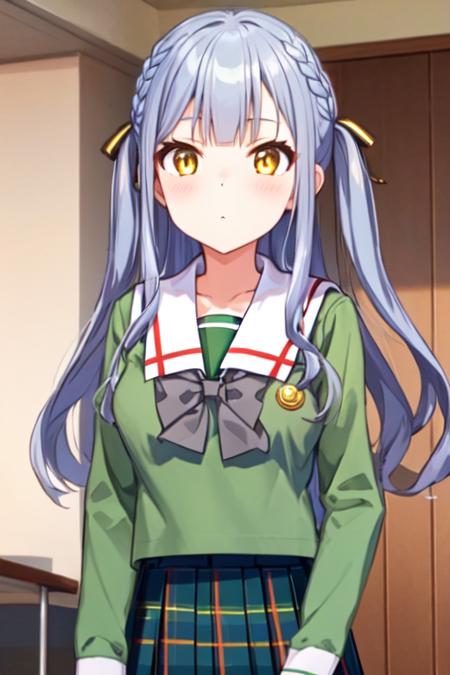 closed mouth, <lora:togawasakiko2:0.85>, togawa sakiko, (grey hair: 1.2), tsukinomori school uniform, green shirt, white sailor collar, green pleated skirt, plaid bow, long sleeves,, 1girl, solo, masterpiece, best quality