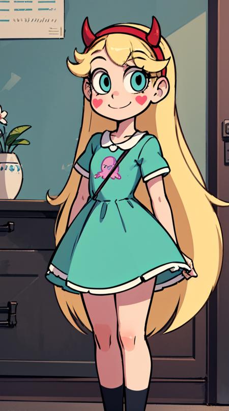  starbutterfly, 1girl, blonde hair, horned headwear, hairband, long hair, solo, heart, blue eyes, facial mark, very long hair,teal dress,striped pantyhose,boots, blush stickers