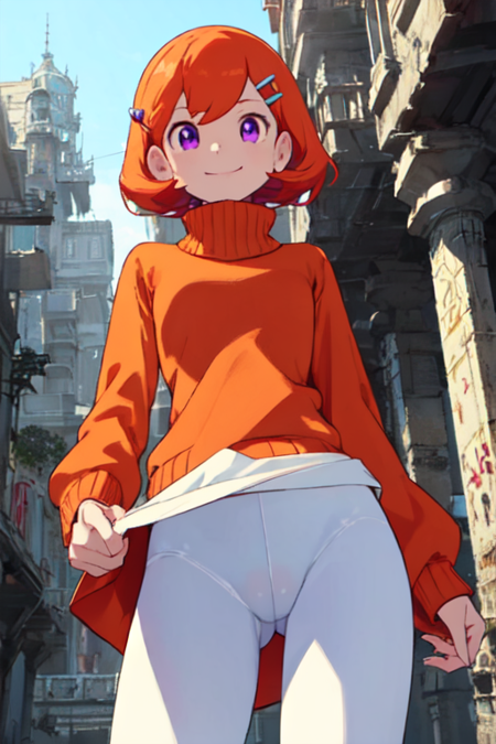 purple eyes short hair orange hair white skirt hairclip white leggings