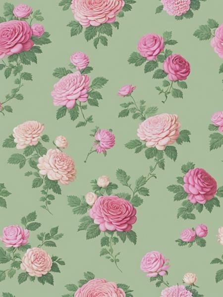 <lyco:AnnaMariaGarthwaite:1.0> flowers and buds, Baroque Jean-Honor Fragonard style, seamless wallpaper, pastel colors on a pale green background, large repeat